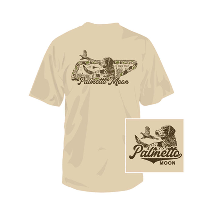 Beige t-shirt with 'Palmetto Moon' graphic design on a white background
