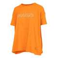 Orange t-shirt with white text on a white background