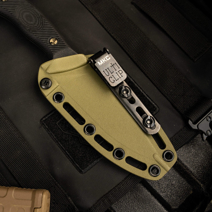 Kydex sheath for TF24 knife featuring an UltiClip attachment, designed for secure and convenient carry.