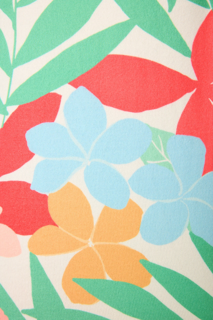 Buttery-soft jersey with overlapping blue, yellow, and red flowers plus green leaves on white in a flat, stylized print.