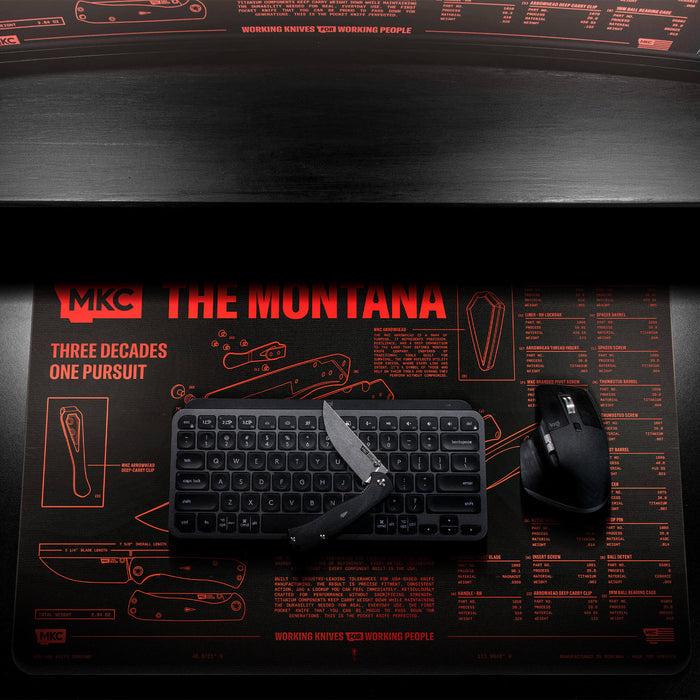 The Montana Desk Mat featuring a sleek design with knife illustrations, a keyboard, and a mouse on a dark surface.