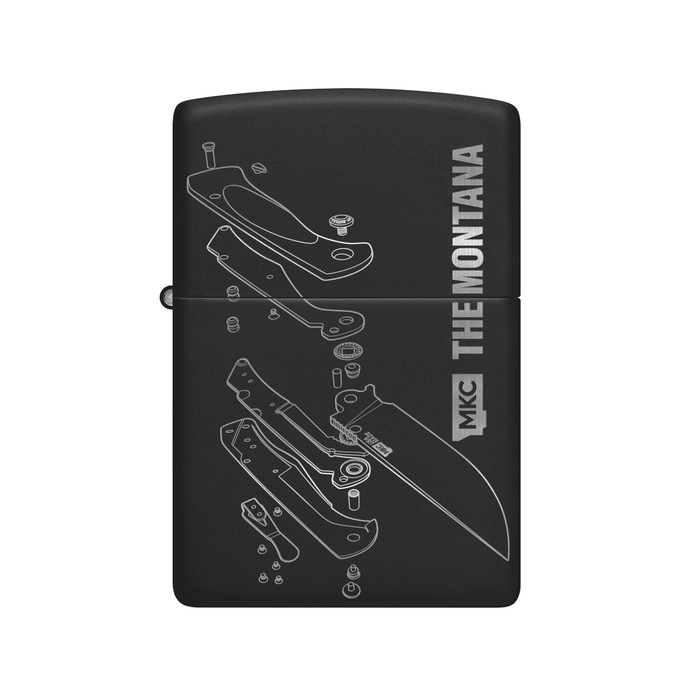 Black Zippo lighter featuring an illustration of a knife's internal components, labeled "THE MONTANA" and "MKC.