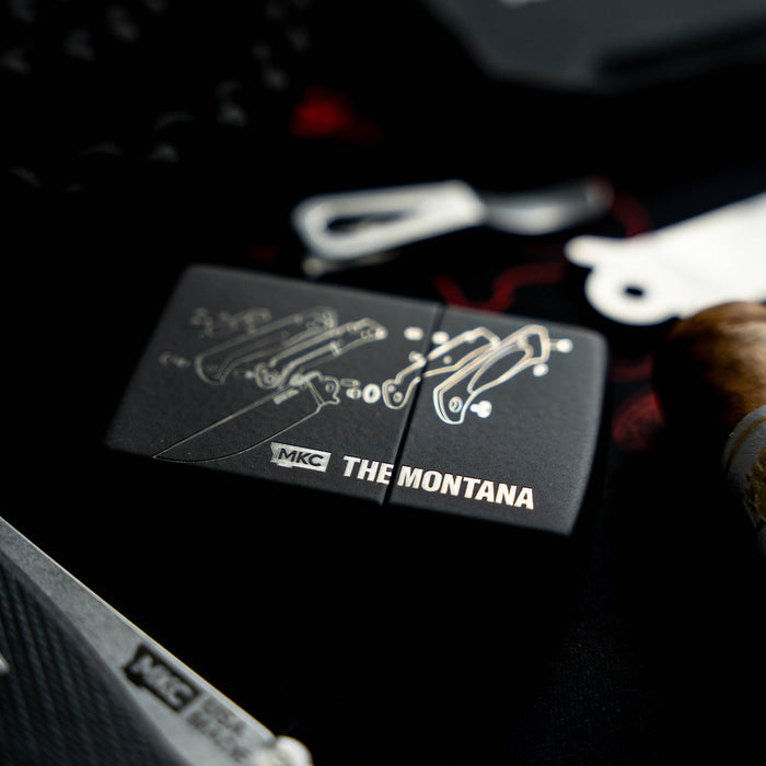 Montana Traditional windproof Zippo lighter featuring a sleek black design with instructional graphics, USA made.