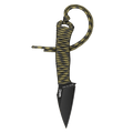 TRAIL GOAT knife with a black blade and dark camo paracord handle, designed for outdoor and tactical use.
