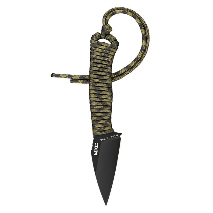 TRAIL GOAT knife with a black blade and dark camo paracord handle, designed for outdoor and tactical use.
