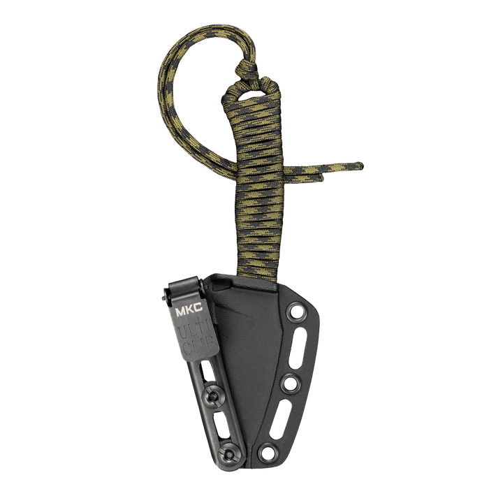 TRAIL GOAT knife with a black blade and dark camo paracord handle, designed for outdoor and tactical use.