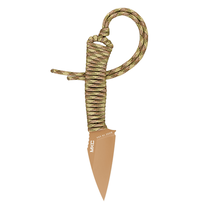 TRAIL GOAT knife with a coy/multicam handle, featuring a fixed blade design and paracord wrap for secure grip.