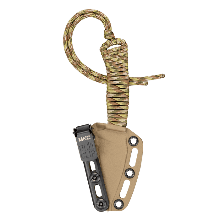 TRAIL GOAT knife in Coy/Multicam with Ulti-Clip and paracord lanyard, designed for outdoor and tactical use.