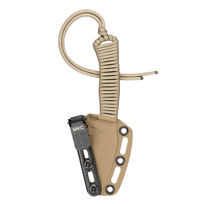 TRAIL GOAT knife in coy/olive color with Ulti-Clip and paracord handle, designed for outdoor and tactical use.