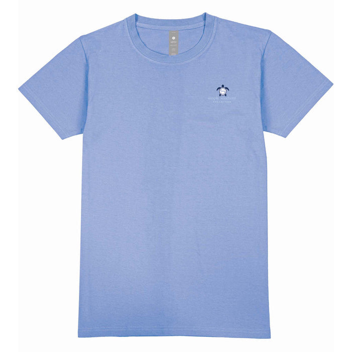 Periwinkle short sleeve shirt with the phrase 'No hurries no worries." A turtle with a sunset beach scene on the shell. Tropical flowers around. Simply Southern logo below and on left chest.