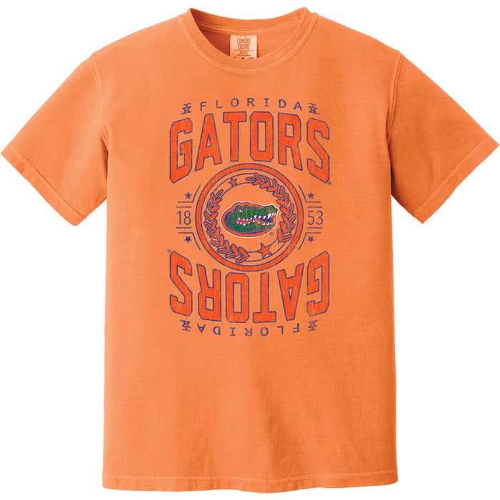 Florida Gators orange short sleeve t-shirt by Summit Sportswear with blue and orange “Gators” seal graphic featuring the Florida Gators logo in the center.