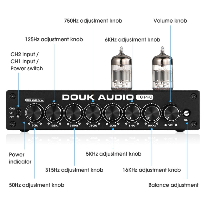 [Upgraded] Douk Audio T8PRO 7-band EQ Tube Preamp Equalizer XLR Pre-Amplifier with Tone Control for Home Speaker