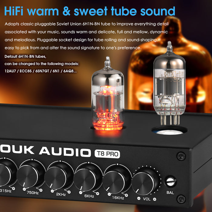 [Upgraded] Douk Audio T8PRO 7-band EQ Tube Preamp Equalizer XLR Pre-Amplifier with Tone Control for Home Speaker