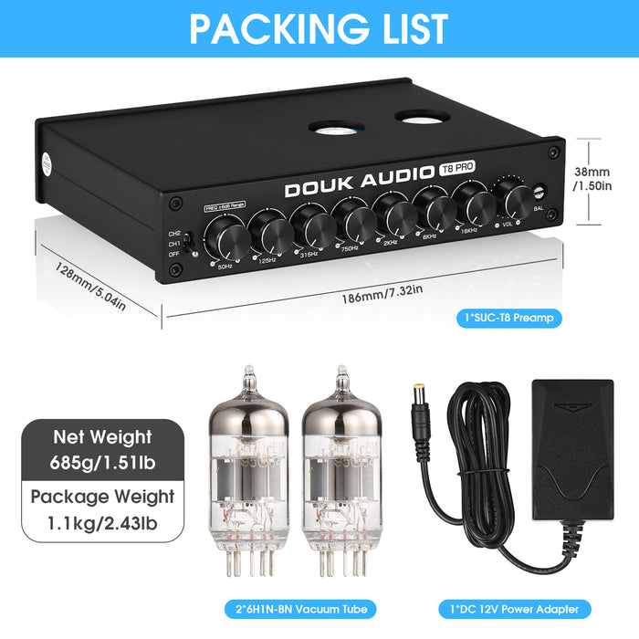 [Upgraded] Douk Audio T8PRO 7-band EQ Tube Preamp Equalizer XLR Pre-Amplifier with Tone Control for Home Speaker