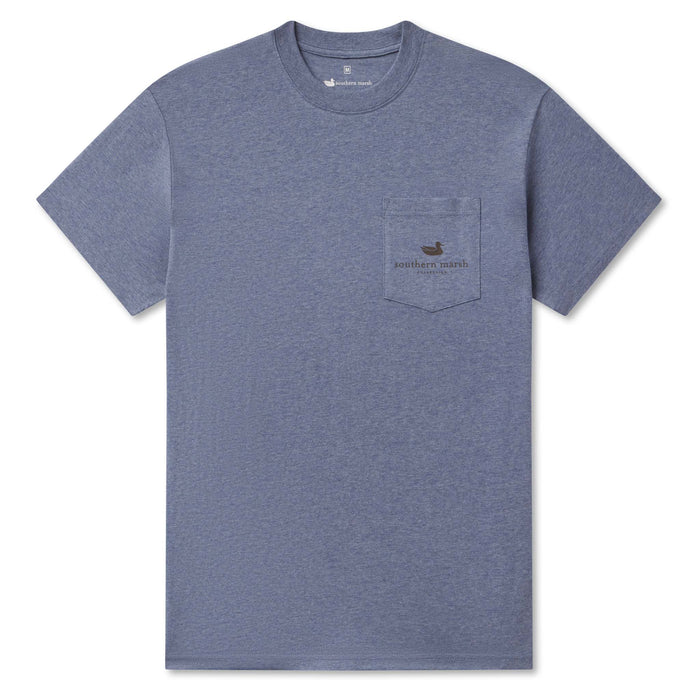 Blue t-shirt with a pocket and logo on a white background