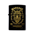 WARGOAT ZIPPO lighter featuring a black finish with gold graphic of a ram wearing tactical gear and the slogan "Strike First, Strike Fast.