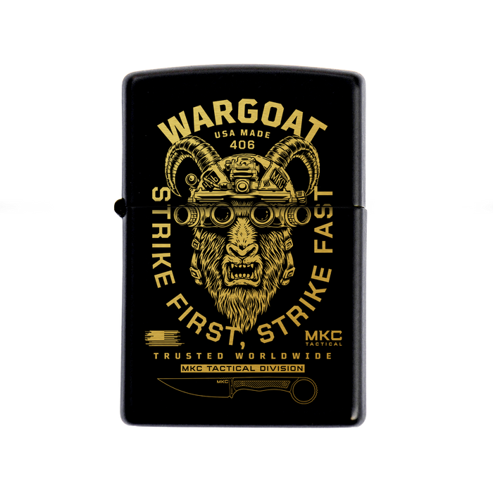 WARGOAT ZIPPO lighter featuring a black finish with gold graphic of a ram wearing tactical gear and the slogan "Strike First, Strike Fast.