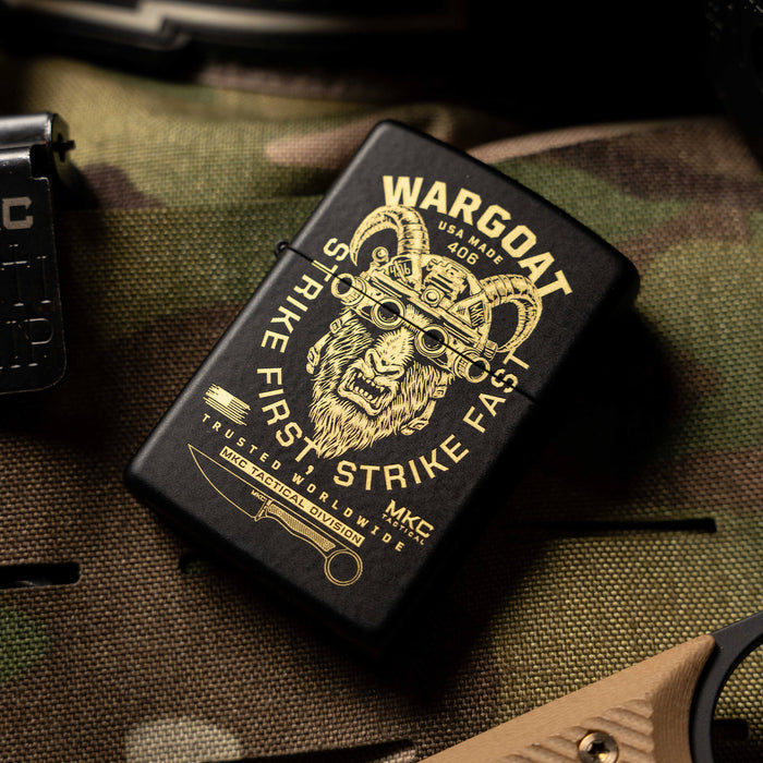 WARGOAT ZIPPO lighter featuring a bold design with a goat's head and the phrase "Strike First, Strike Fast" on a black background.