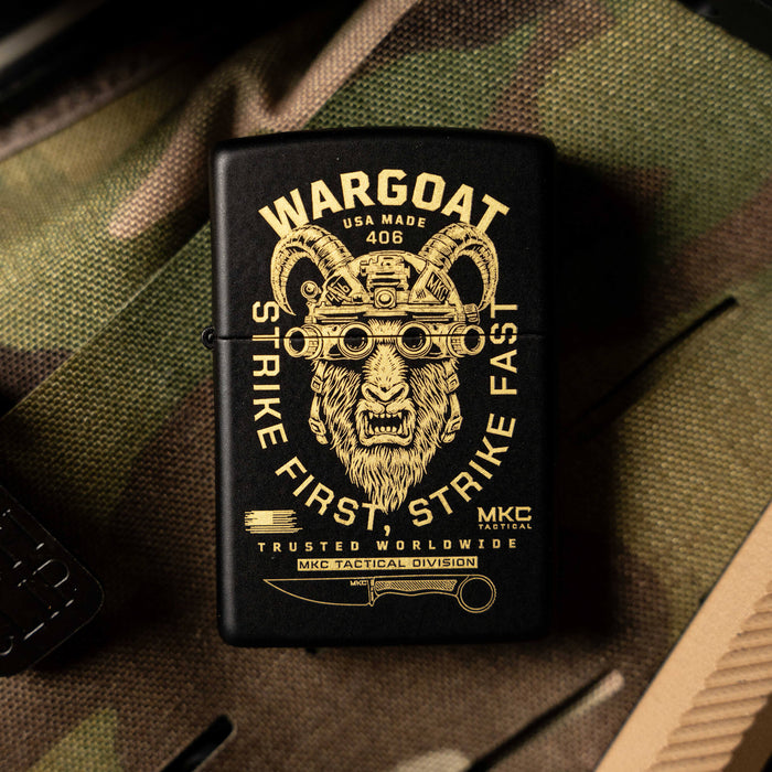 WARGOAT ZIPPO lighter featuring a bold graphic of a goat with tactical gear, highlighting its rugged design and USA-made quality.