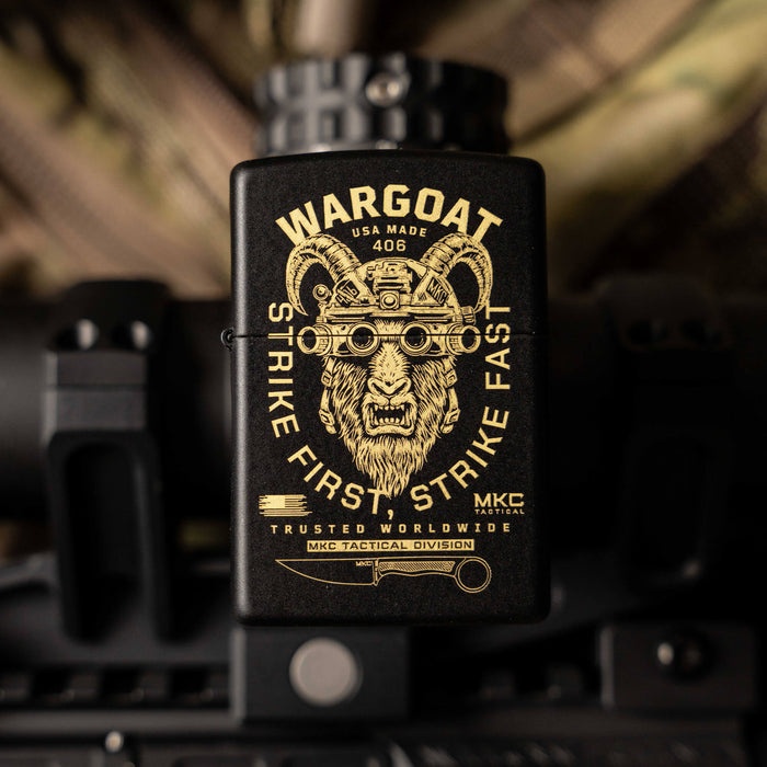 WARGOAT ZIPPO lighter featuring a detailed design of a goat with tactical gear, set against a military background.