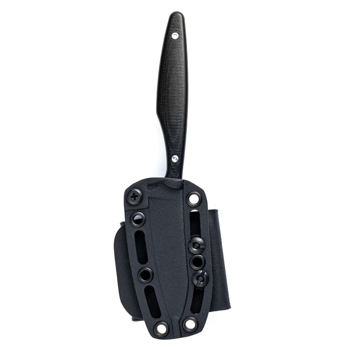 Black WESTSLOPE knife with a sleek handle and durable sheath, designed for outdoor and tactical use.