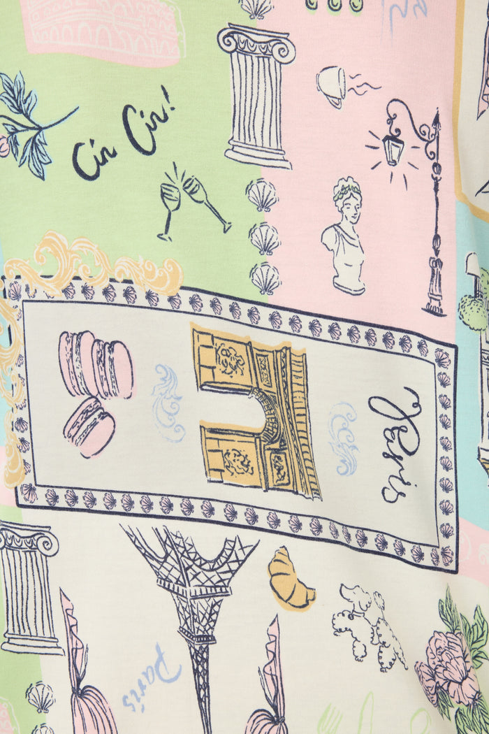 The Whimsy Postcards From Paris PJ Set by P.J. Salvage features pastel sketches of Parisian icons like the Eiffel Tower, Arc de Triomphe, macarons, and more for a charming look.