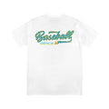Back of white t-shirt with “Baseball” in banana-patterned script and "Lifestyle 101" text beneath, accented by a small yellow banana.