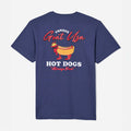 Back of GOAT USA youth navy t-shirt featuring large hot dog goat graphic and “Famous Goat USA Hot Dogs 'Always Fresh'” text in red and white.