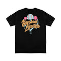 Back of black t-shirt with “Baseball Lifestyle” text in orange and tan below three ice cream baseballs and a drippy teal home plate graphic.