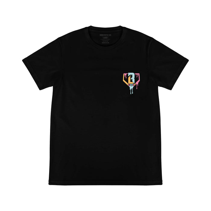 Front of black t-shirt with small multicolor dripping home plate and "101" number logo on the left chest.