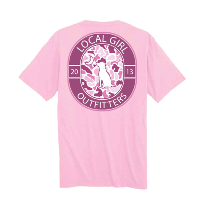 youth local girl pink t-shirt with camo filled crest design on the back