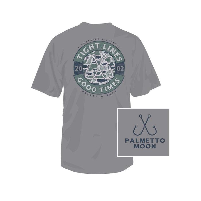 Palmetto Moon Youth “Tight Lines Good Times” Short Sleeve T-Shirt in Grey back view showing circular fishing-inspired graphic with crossed hooks, camo accents, and Palmetto Moon text, plus front chest logo detail inset.
